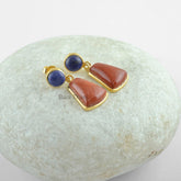 Red Jasper and Lapis Gemstone Earrings, Gold Plated Earrings, 925 Sterling Silver Dangle Earring Jewelry